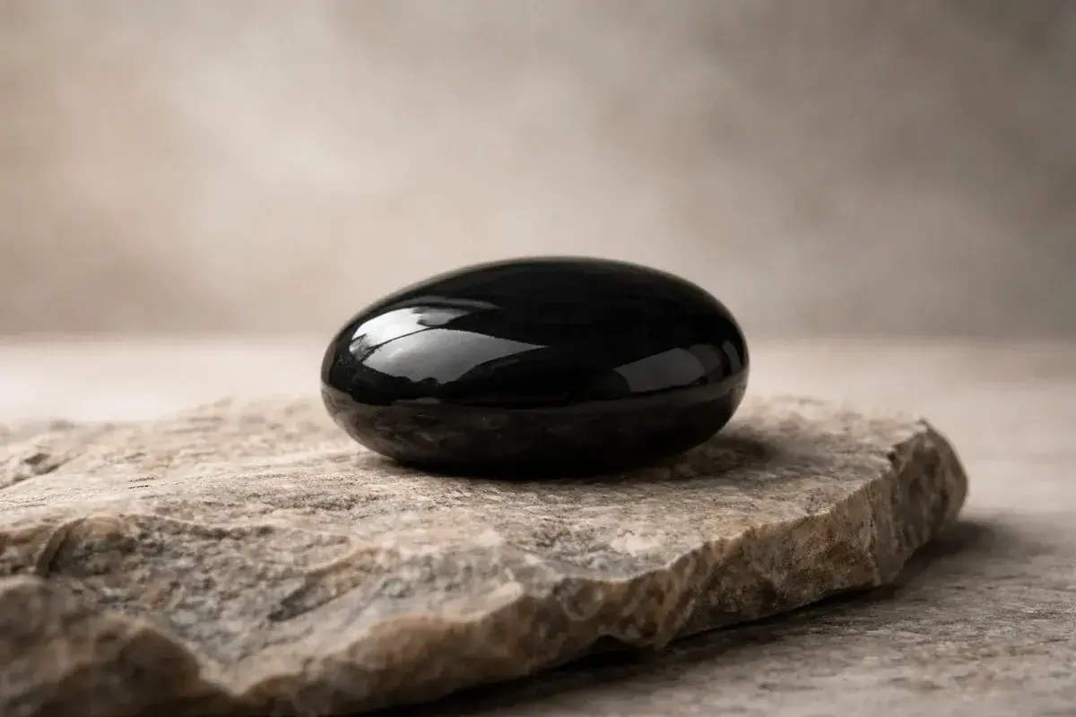 Glatter, schwarzer Obsidian-Stein auf grobem Fels. Seine tiefe Farbe symbolisiert Schutz und Transformation, die Obsidian Bedeutung.