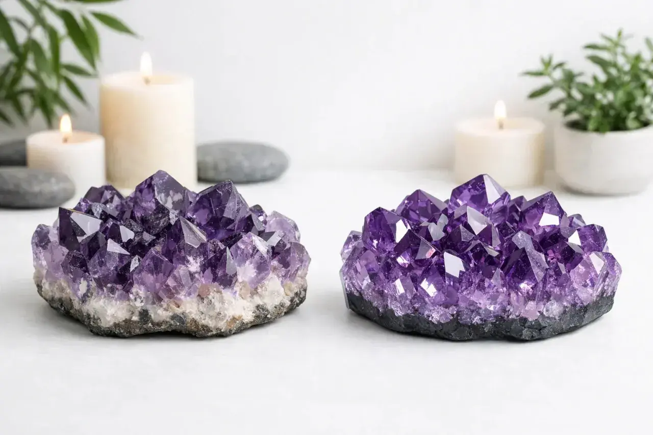 Zwei Amethyst-Geoden, die für ihre beruhigende und spirituelle Amethyst Bedeutung bekannt sind, stehen neben Kerzen und Pflanzen.