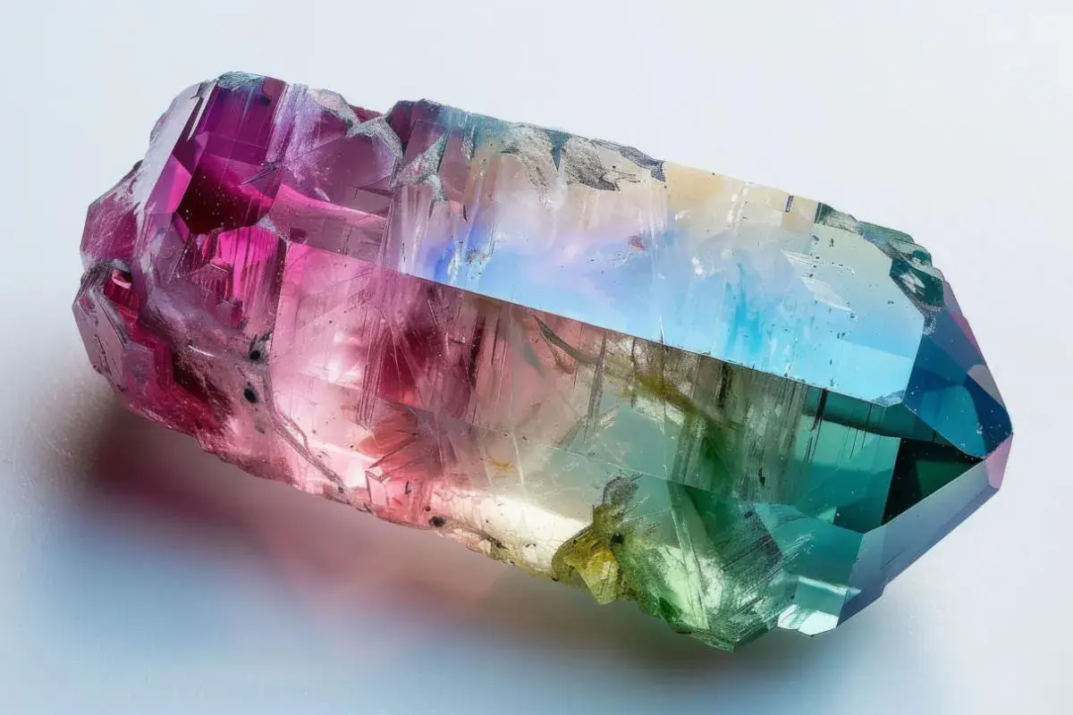 Ein mehrfarbiger Turmalin Stein, der von Pink über Blau bis Grün schimmert, wie ein Regenbogen in Kristallform.