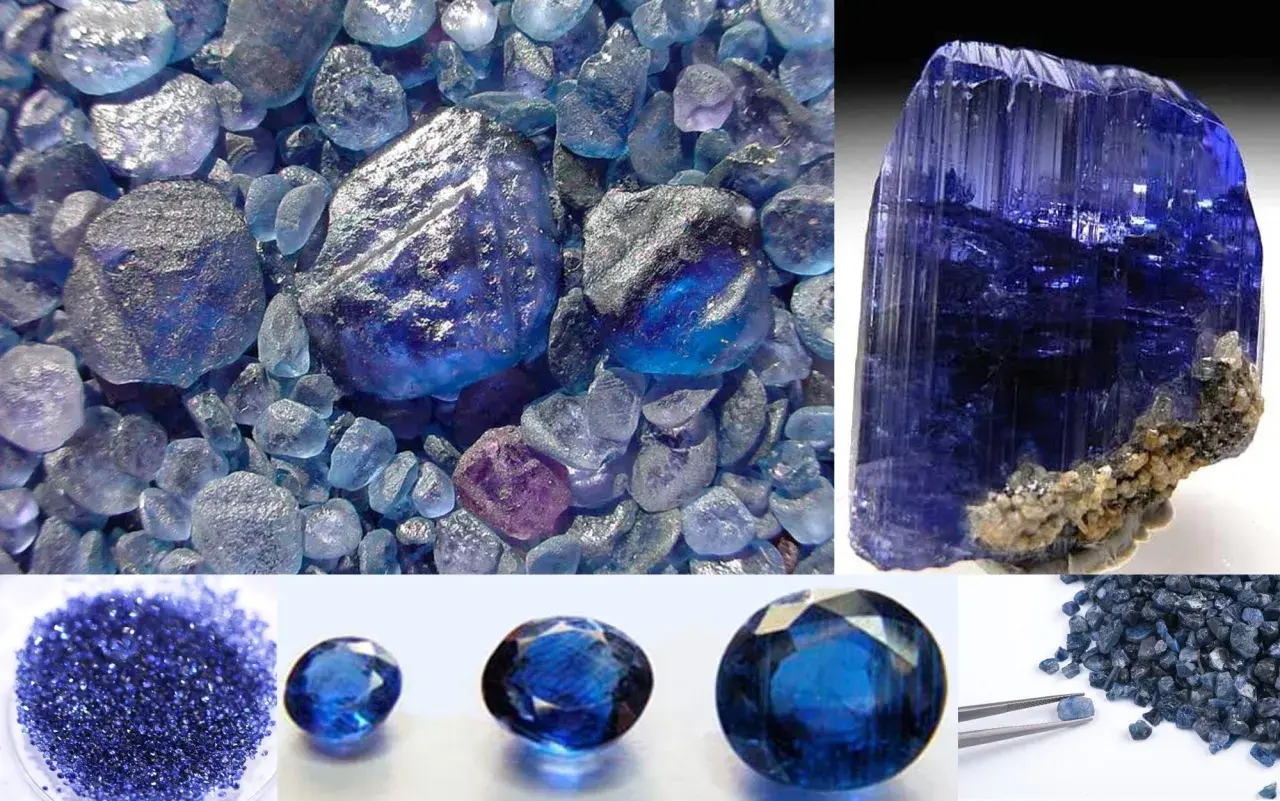 Verschiedene **Kristallarten** in tiefem Blau: rohe Steine, ein großer facettierter Kristall und geschliffene Edelsteine.