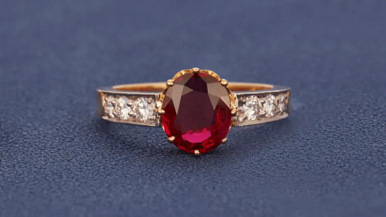 Ein Ring mit einem ovalen, tiefroten Edelstein, der an einen Rubin erinnert. Der Unterschied zwischen Granat und Rubin ist oft die Farbe.