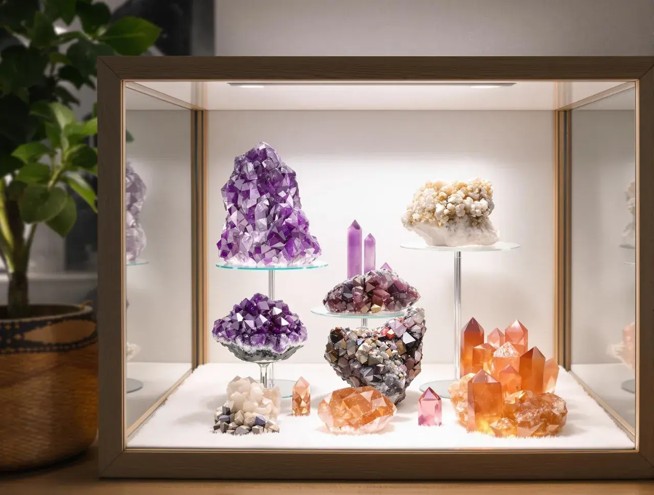 Eine Vitrine mit verschiedenen Kristallen, darunter Amethyst und ein faszinierender turmalin rohstein.