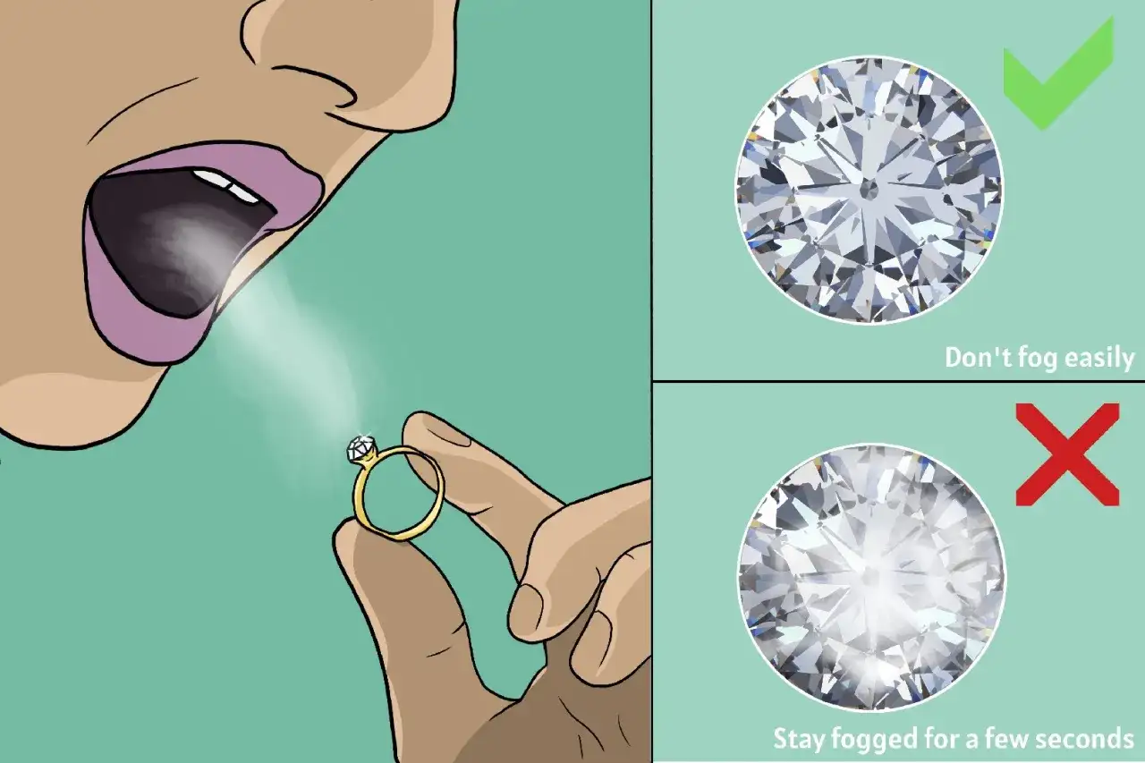 So wie erkennt man Diamanten als Laie: Ein echter Diamant beschlägt nicht lange. Ein gefälschter bleibt länger beschlagen.