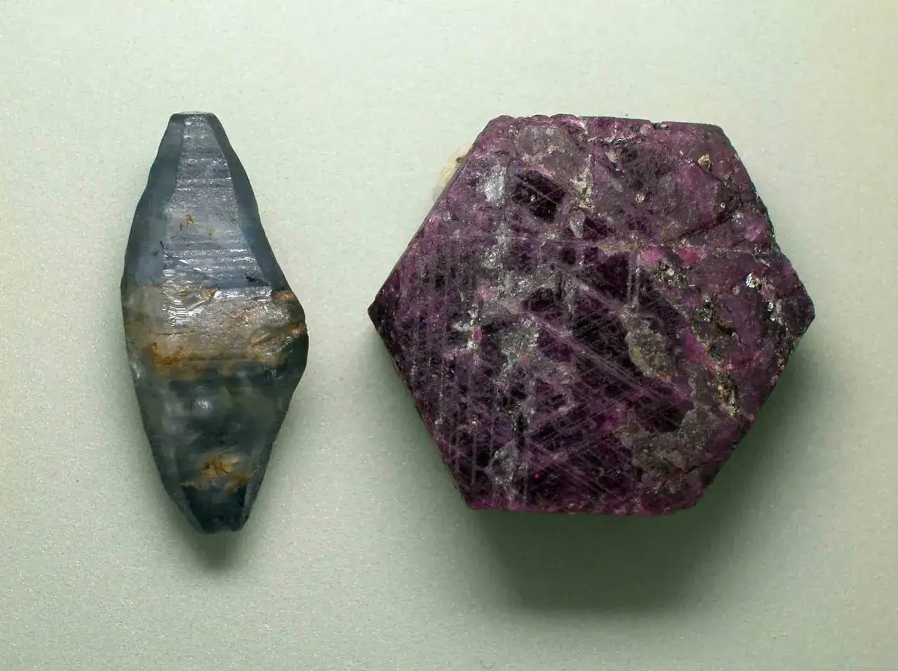 Zwei rohe Korund-Edelsteine: ein blauer Saphir und ein violetter Rubin, beide mit sichtbaren Kristallfl&auml;chen und Einschl&uuml;ssen.