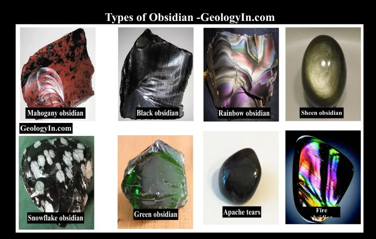 Verschiedene Obsidian-Arten: Mahagoni-, Schwarz-, Regenbogen-, Glanz-, Schneeflocken-, gr&uuml;ner Obsidian, Apache-Tr&auml;nen und Feuerobsidian. Was ist Obsidian? Ein vulkanisches Glas.