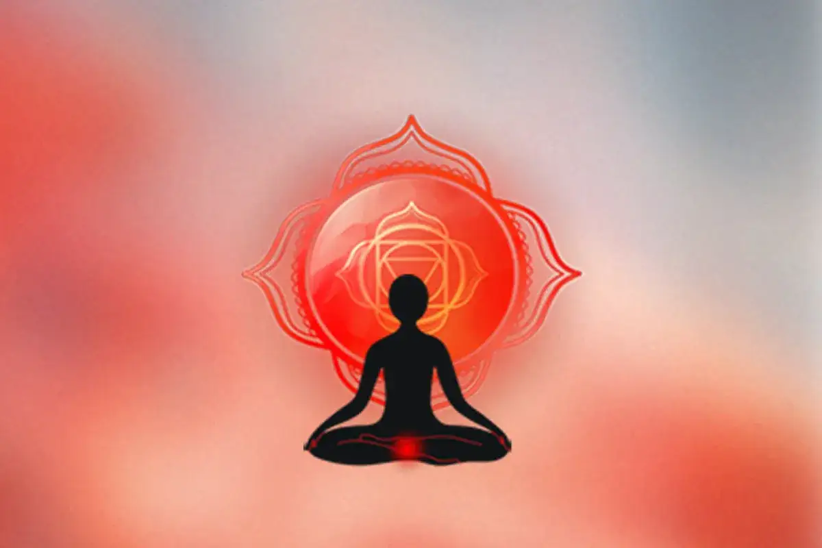 Meditierende Figur vor einem roten Chakra-Symbol. Die Farbe Rot hat eine spirituelle Bedeutung, die mit Erdung und Vitalit&auml;t verbunden ist.
