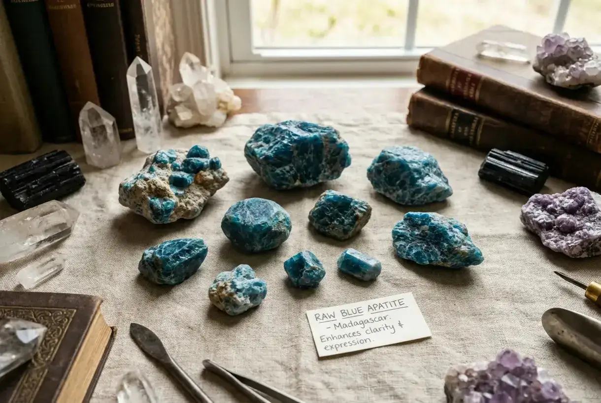 Rohe, blaue Apatit-Edelsteine aus Madagaskar, die Klarheit und Ausdruck f&ouml;rdern. Daneben liegen Kristalle, B&uuml;cher und Werkzeuge.