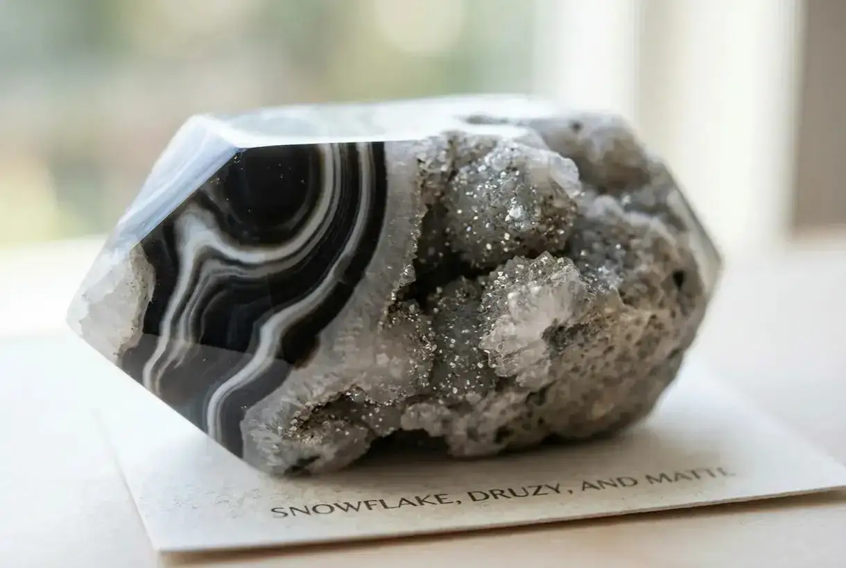 Ein facettierter Stein mit schwarzen und wei&szlig;en B&auml;ndern, der an eine geodenartige Struktur mit funkelnden Kristallen grenzt. Was ist Onyx?