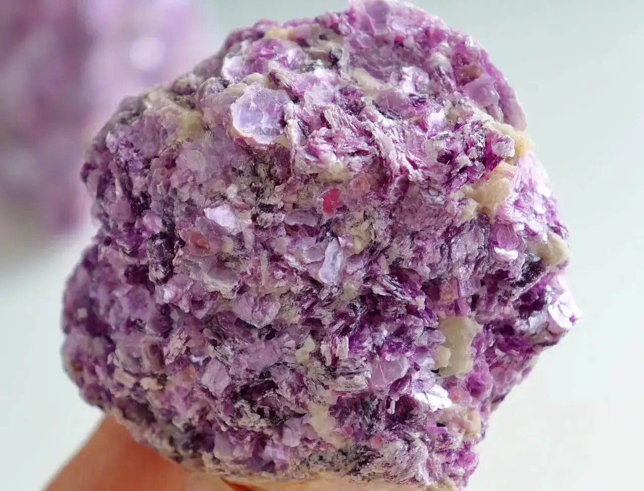 Ein St&uuml;ck Lepidolith mit schillernden violetten Kristallen, das wie ein Schatz aus einer anderen Welt aussieht.