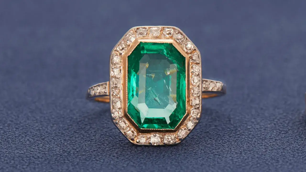 Ein Ring mit einem gro&szlig;en, facettierten Smaragd im Zentrum, umgeben von kleinen Diamanten. Die Smaragd Bedeutung steht f&uuml;r Hoffnung und Erneuerung.