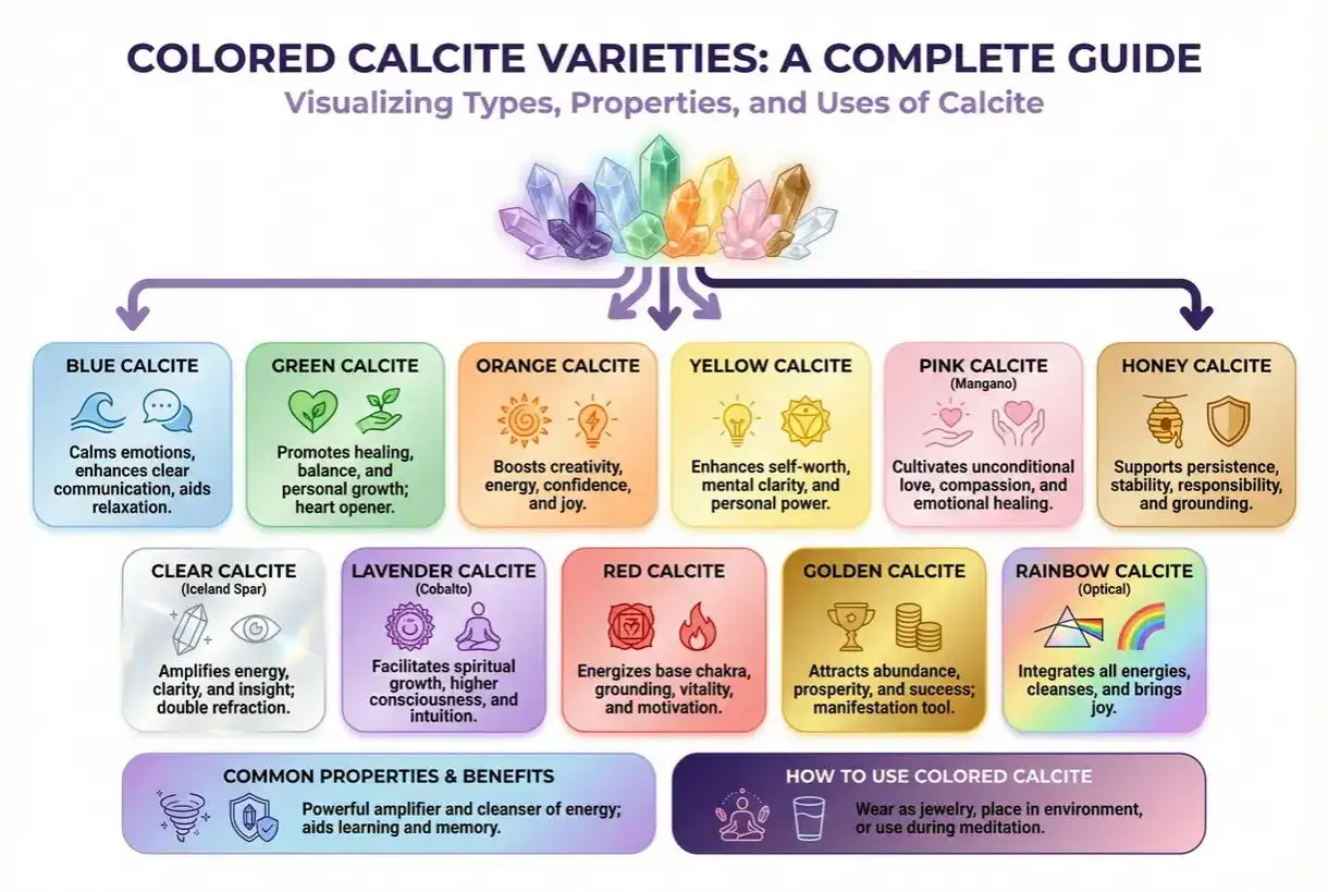 Bunte Calcit-Sorten: &Uuml;bersicht &uuml;ber Typen, Eigenschaften und die Wirkung von Calcit. Von beruhigendem Blau bis zu erdendem Honig-Calcit.