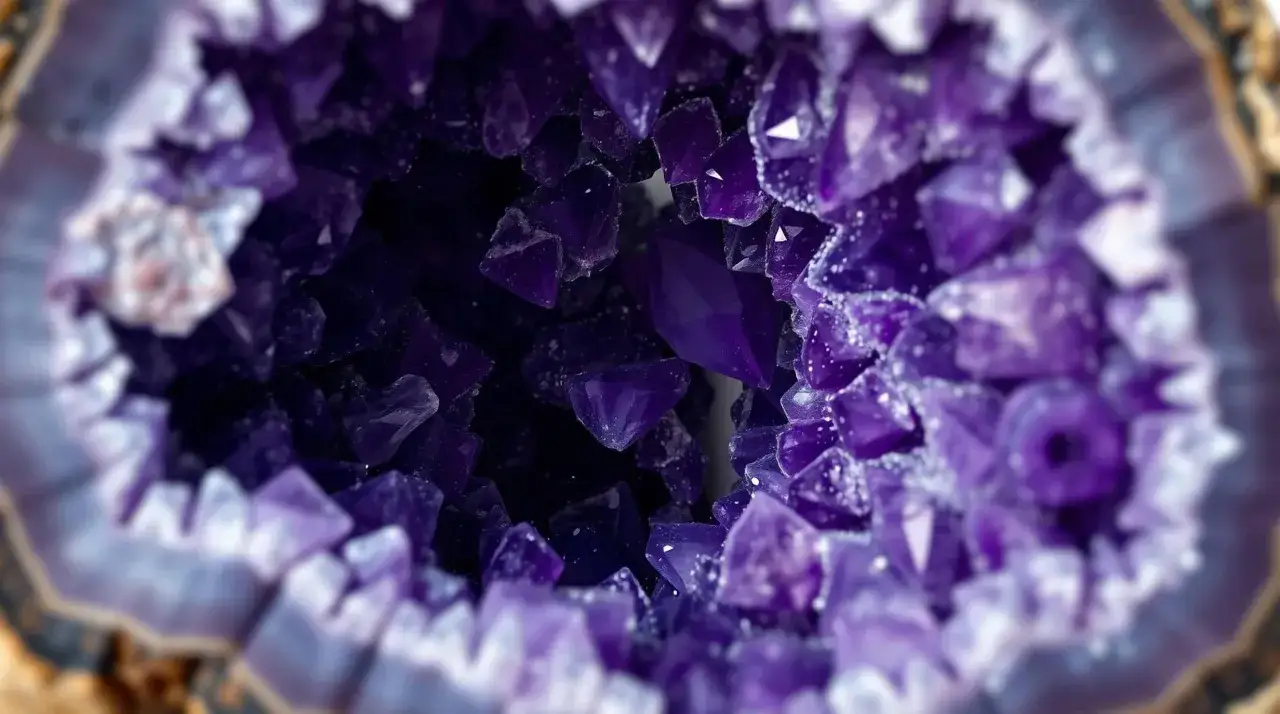 Tiefviolette Amethystkristalle funkeln in einer Geode. Die Amethyst Bedeutung liegt in seiner beruhigenden und sch&uuml;tzenden Energie.