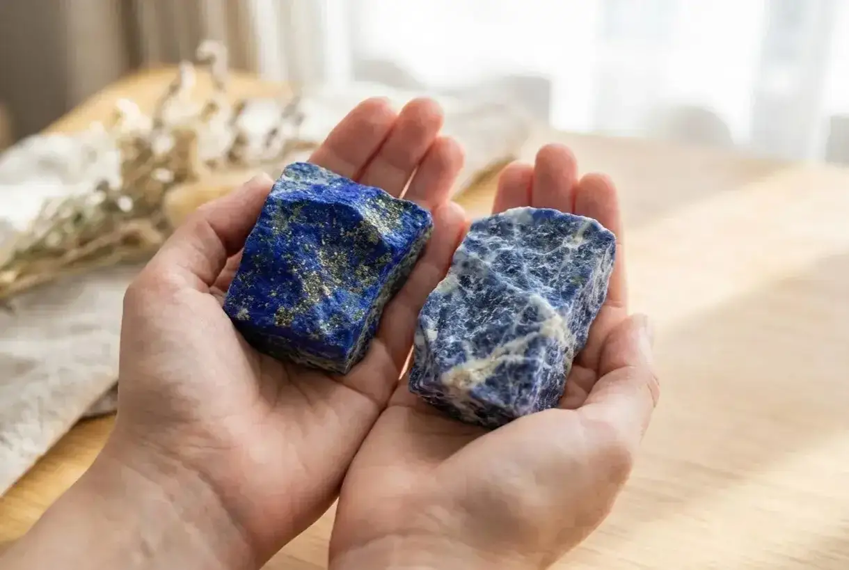 Zwei Hände halten rohe, tiefblaue blaufluss Steine, einer mit goldenen Pyrit-Einschlüssen, der andere mit weißen Adern.