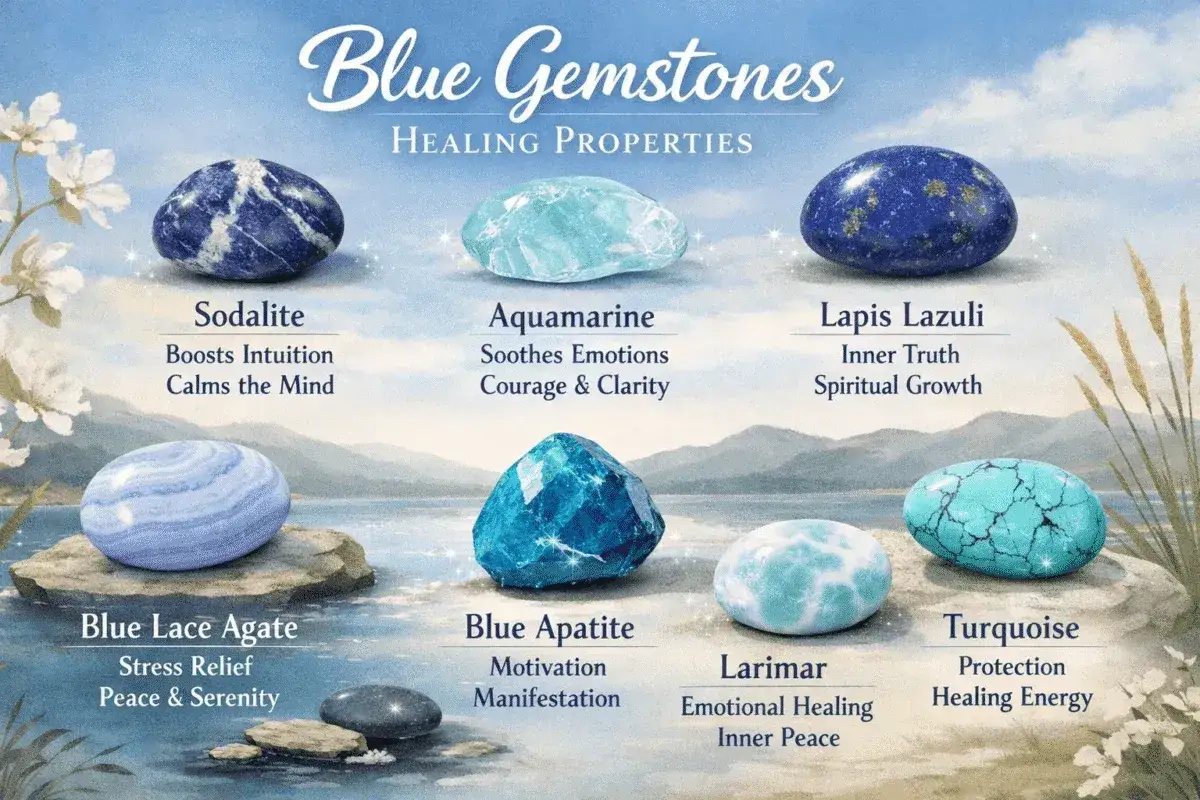 Blauer Edelstein-Leitfaden: Sodalith, Aquamarin, Lapislazuli, Blauer Spitzenachat, Blauer Apatit, Larimar, T&uuml;rkis. Blau Bedeutung spirituell: Intuition, Ruhe, Wahrheit, Wachstum, Frieden, Motivation, Heilung.