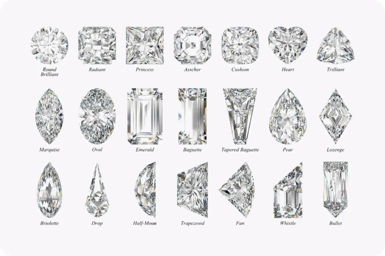 Vielfalt an diamanten schliff Formen: Rund, Radiant, Princess, Oval, Herz und mehr, jede mit einzigartigem Glanz.