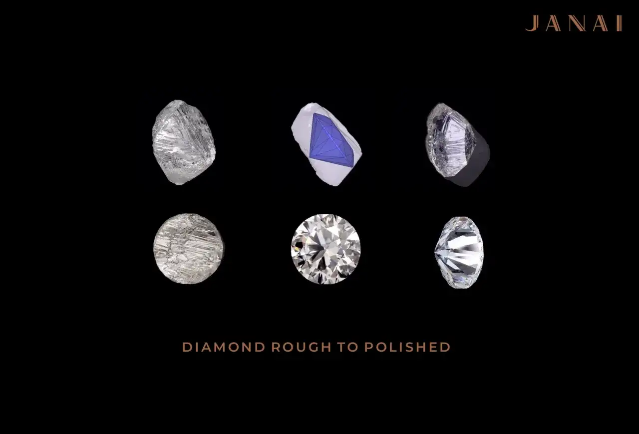 Rohe und geschliffene Diamanten, die zeigen, wie ein Diamant ein Edelstein wird.