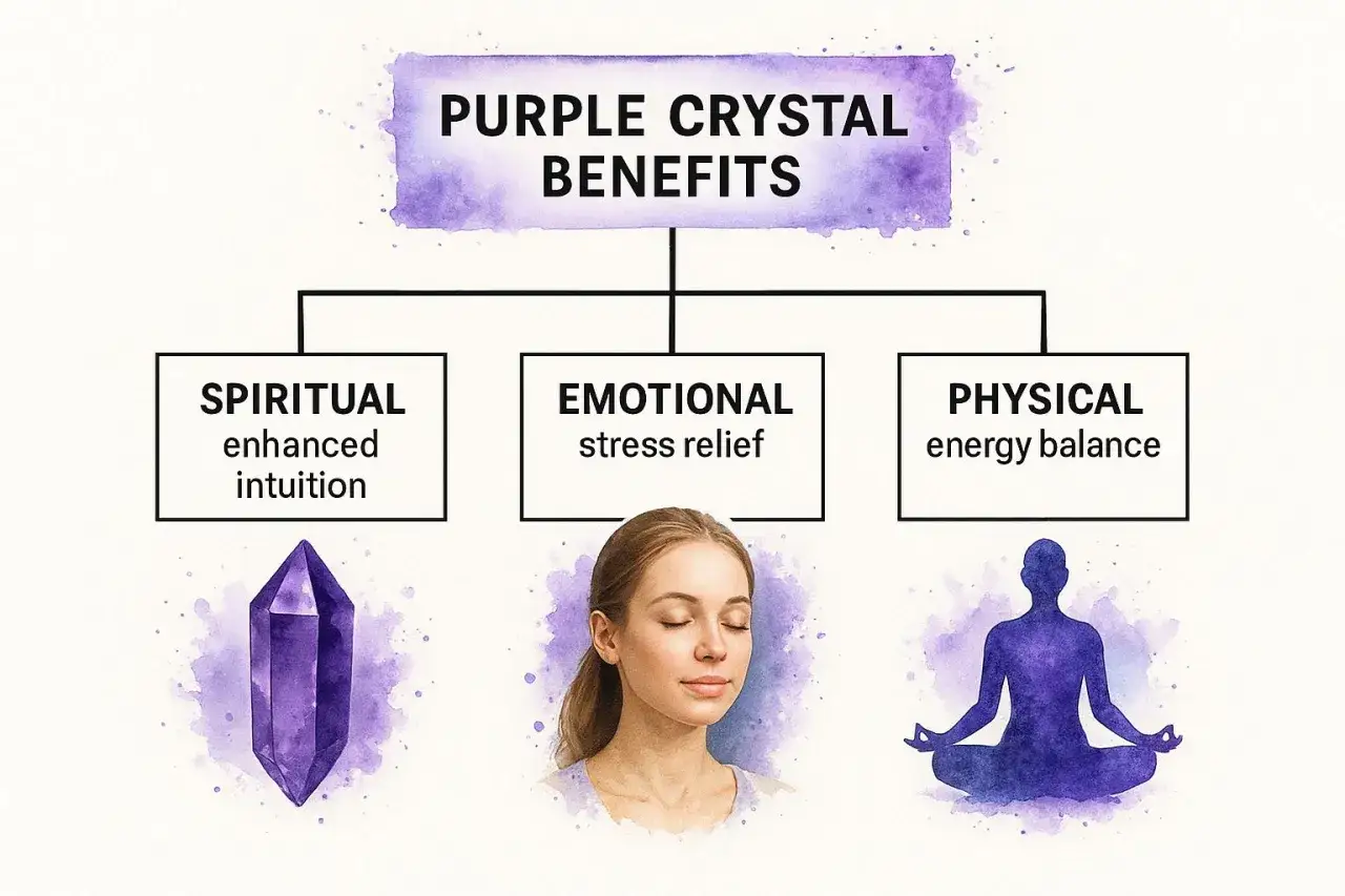 Diagramm zeigt die lila stein bedeutung: spirituelle, emotionale und physische Vorteile. Ein lila Kristall, eine meditierende Frau und eine Yoga-Silhouette.
