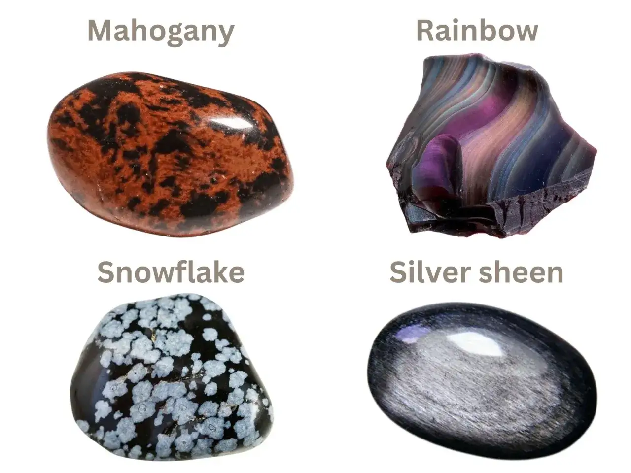 Vier verschiedene Arten von obsidian stein: Mahagoni, Regenbogen, Schneeflocke und Silberglanz.