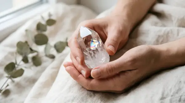 Hände halten einen facettierten Bergkristall, der Regenbogenfarben reflektiert. Die Bedeutung des Bergkristalls liegt in seiner Klarheit und Energie.