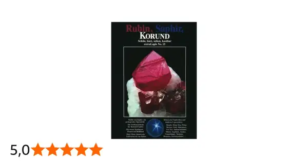 Ein leuchtend roter Korund Edelstein, der auf einem Haufen weißer Kristalle ruht. Der Titel "Rubin, Saphir, KORUND" ist prominent platziert.