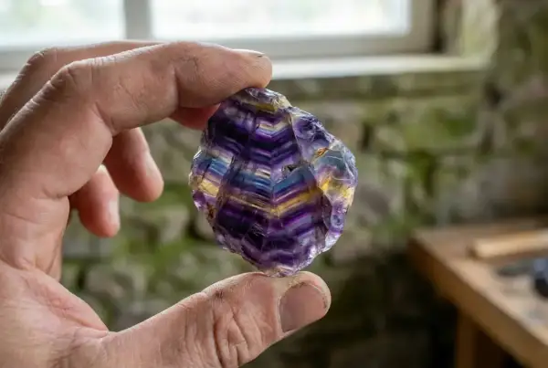 Ein Mann hält einen schillernden Blue John Stein, dessen violette und gelbe Streifen wie ein Regenbogen leuchten.