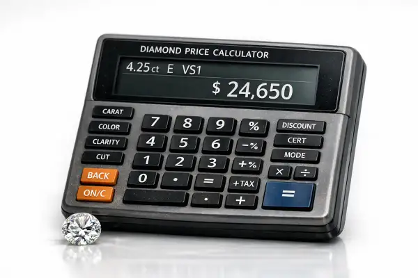 Ein Diamant liegt neben einem Taschenrechner, der den Diamant preis berechnen kann. Der Rechner zeigt 4,25 ct, E, VS1 und $24.650 an.