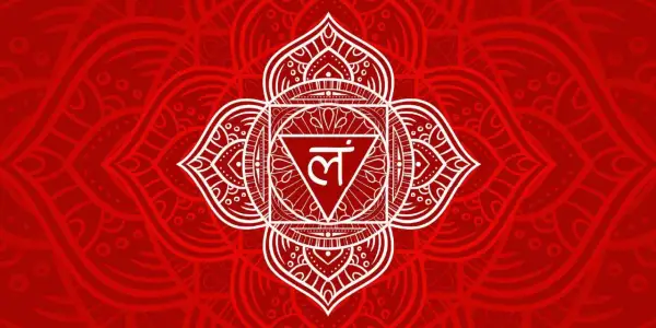 Rotes Mandala mit weißem Symbol. Die Farbe Rot hat eine tiefe spirituelle Bedeutung, sie steht für Kraft und Erdung.