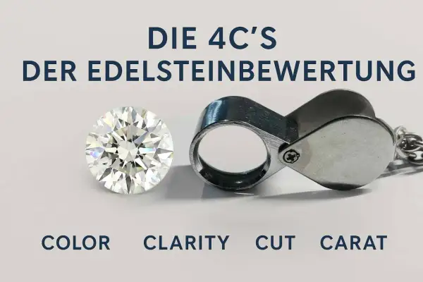 Ein glitzernder Diamant neben einer Lupe, die die 4C's der Edelsteinbewertung erklärt. Der Wert eines 40 Karat Diamanten hängt von diesen Faktoren ab.