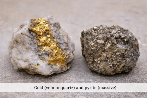 Zwei Gesteinsbrocken liegen nebeneinander. Einer zeigt glänzende Goldadern in weißem Quarz. Der andere ist ein dichter, metallisch schimmernder Pyrit, der oft als "Katzengold" bezeichnet wird, weil er so täuschend echt aussieht.