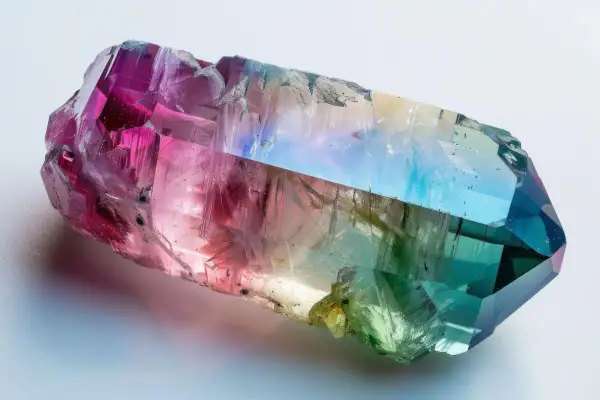 Ein mehrfarbiger Turmalin Stein, der von Pink über Blau bis Grün schimmert, wie ein Regenbogen in Kristallform.