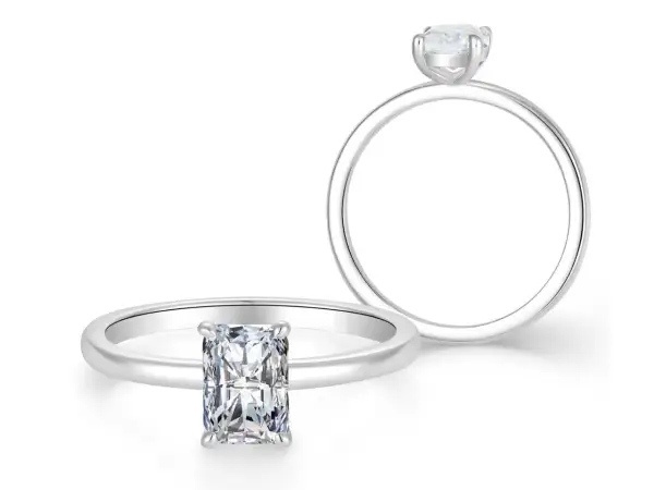 Zwei Ringe mit Diamanten: ein Ring mit einem rechteckigen Diamanten, der die Frage "wie viel ist 1 karat diamant wert" aufwirft, und ein weiterer Ring mit einem runden Diamanten.