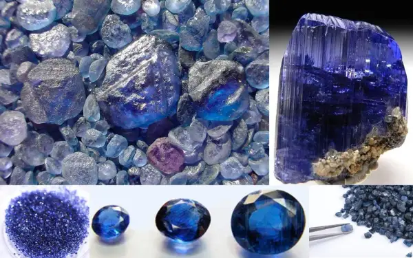 Verschiedene **Kristallarten** in tiefem Blau: rohe Steine, ein großer facettierter Kristall und geschliffene Edelsteine.