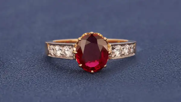 Ein Ring mit einem ovalen, tiefroten Edelstein, der an einen Rubin erinnert. Der Unterschied zwischen Granat und Rubin ist oft die Farbe.